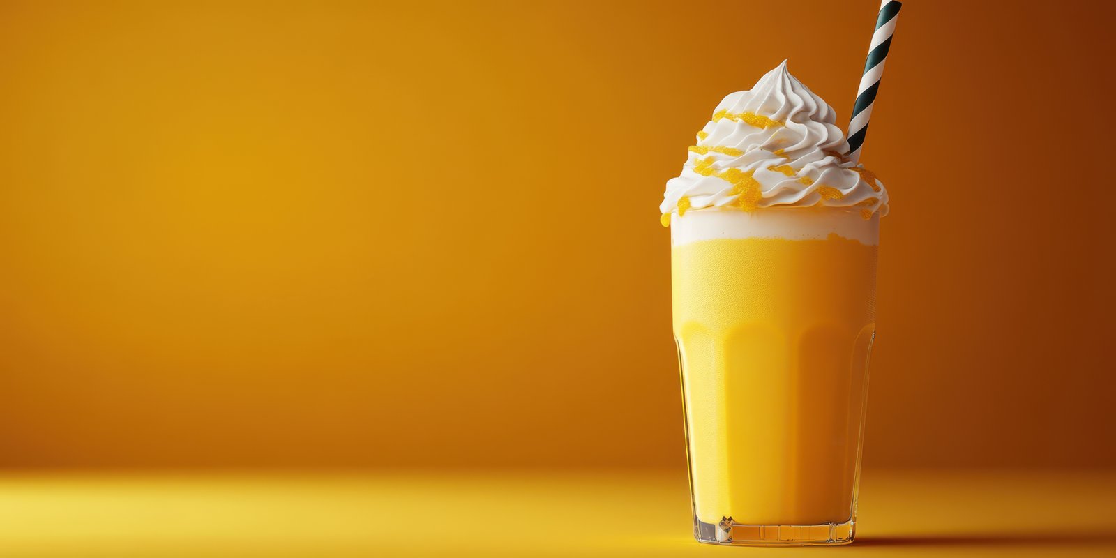 Creamy mango milkshake topped with whipped cream and striped straw against a vibrant yellow background